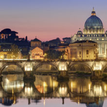 01 Dec 2011, Vatican City, Rome, Italy --- Italy, Lazio, Rome, historical center lited as World Heritage by UNESCO, Sant' Angelo bridge (Sant' Angelo ponte) above Tiber river and Saint Peter's basilica --- Image by © Arnaud Chicurel/Hemis/Corbis